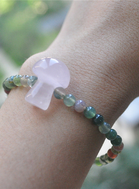 天然水晶蘑菇粉晶玛瑙项链