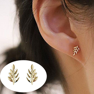 立体折叶子925通体银饰女士简约养耳洞 森系小清新树叶纯银耳钉