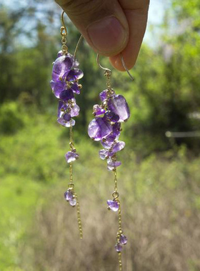 紫荆花天然紫水晶半宝石银耳环长耳坠 气质流苏18K金原创设计低价