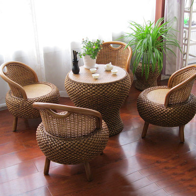 桌椅组合圆形套装复古藤编小户型