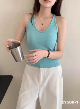 优可丝588-1新款法式挂脖背心女士吊带一体杯文胸遮副乳打底美背