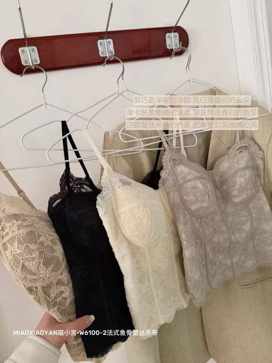 6100-2法式蕾丝美背内衣吊带文胸一体背心女带胸垫V领鱼骨抹胸夏