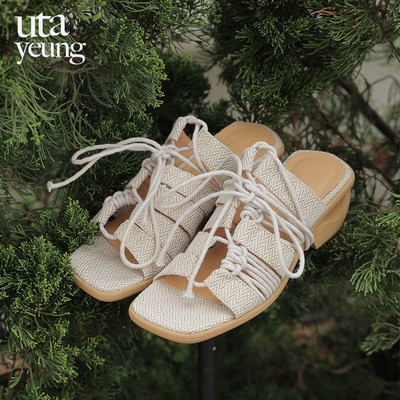 鸡蛋跟不对称手工两穿编织凉鞋