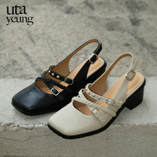 utayeung小辫子单鞋 原创2026春新款 手工设计师方头高跟后空凉鞋