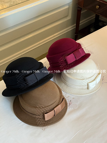 Ginger Milk新品 d家定制绵羊毛高质感蝴蝶结网纱定型礼帽新年冬