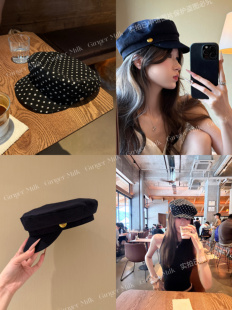 GingerM秋新好版 波点藏青平顶报童帽海军帽休闲百搭复古韩洋气 型