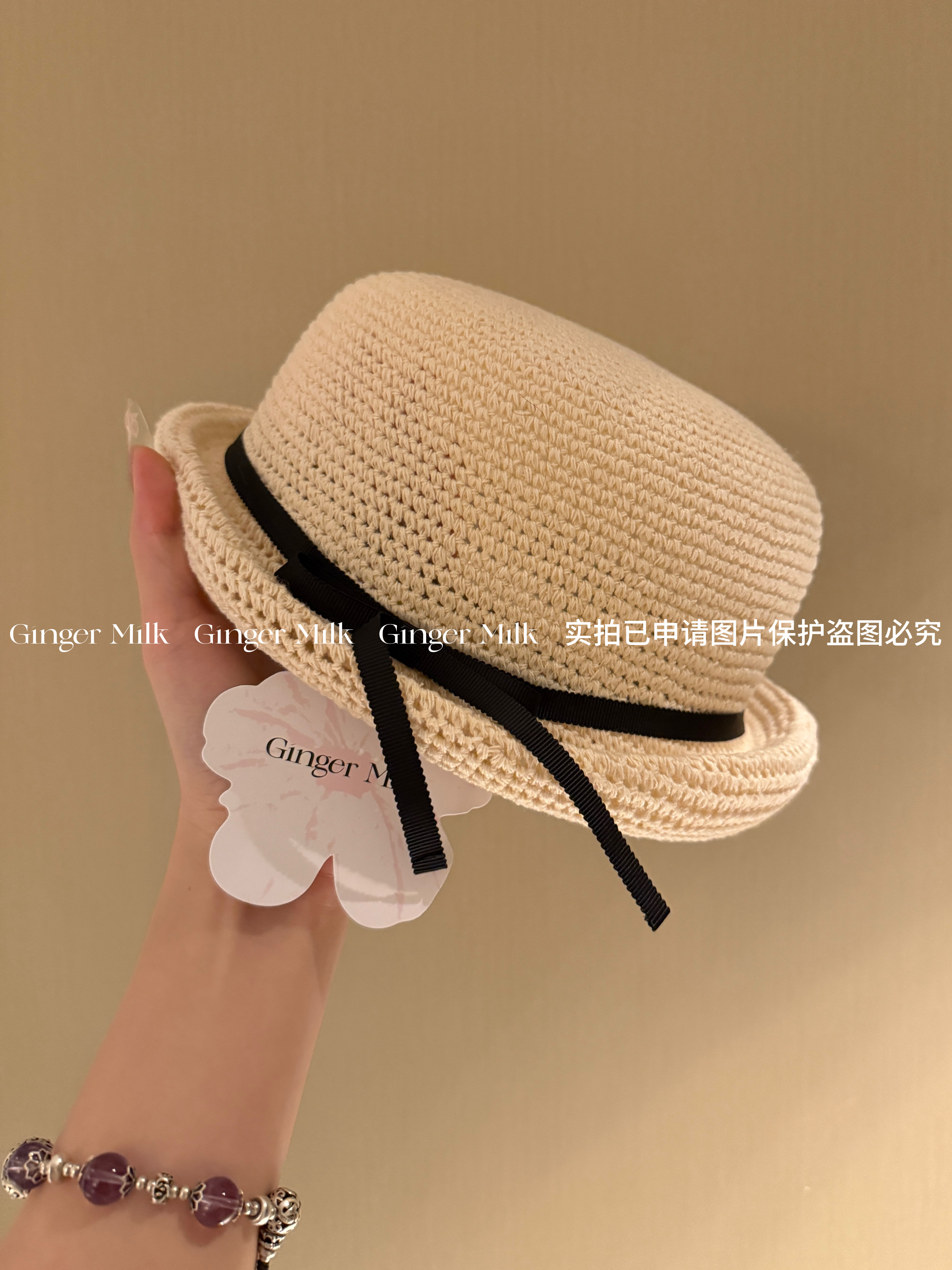 Ginger Milk早春新品 亚麻小元宝！蝴蝶结卷边圆顶镂空编织小礼帽