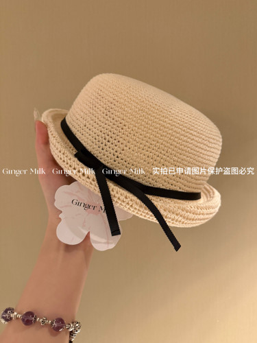 Ginger Milk早春新品 亚麻小元宝！蝴蝶结卷边圆顶镂空编织小礼帽