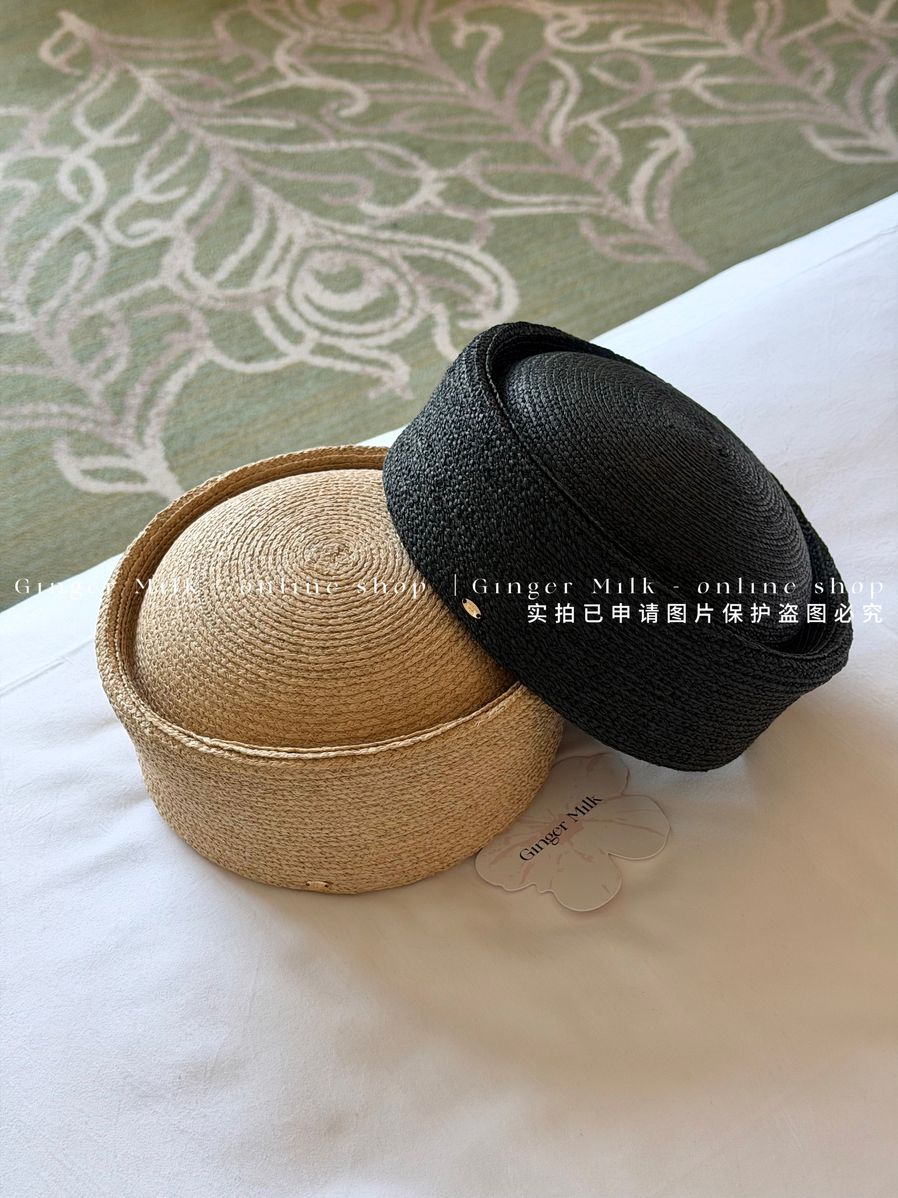 GingerMilk春夏新品【时髦腔调】拉菲草药盒帽有型两色搭配造型帽图片
