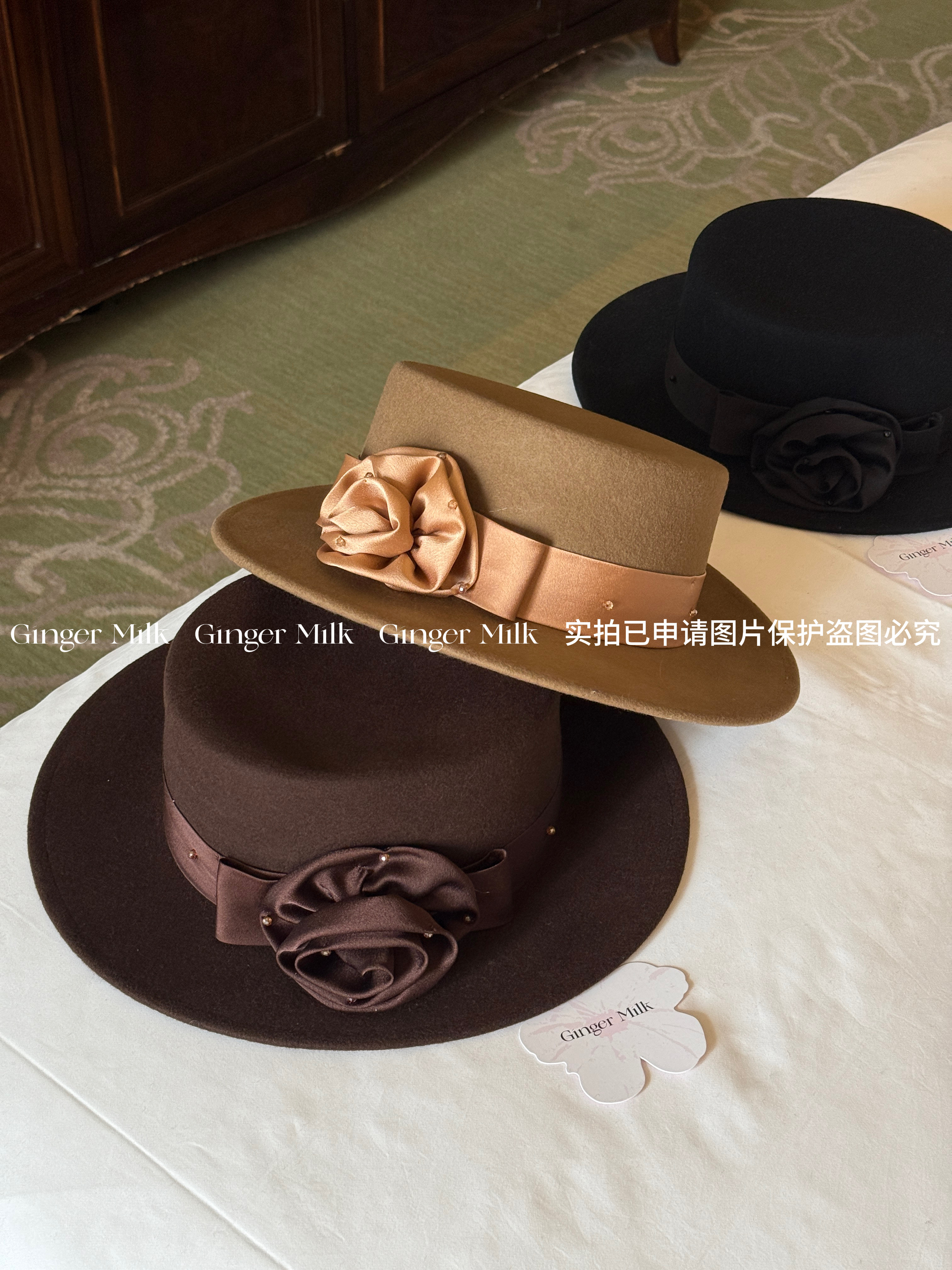 Ginger Milk新品 好品质羊毛优雅气质丝质玫瑰花钻饰平顶礼帽冬图片