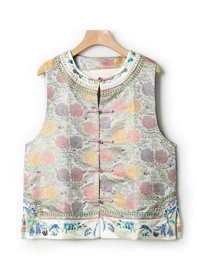 【小李不讲李呀】提花刺绣圆领复古盘扣开衫马甲MJ9519-衣长54起