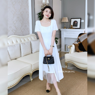 连衣裙女设计感 大洪洪VEE 赞美诗 夏新款 优雅方领网纱拼接短袖
