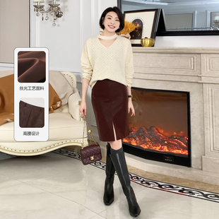 复古皮裙女中长款 大洪洪 款 冬季 后开叉高腰A字半身裙 超模出街