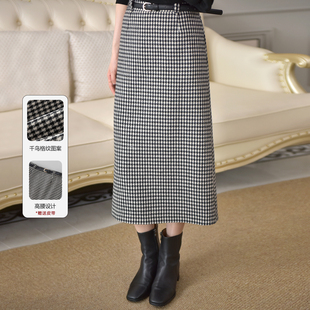 冬新款 格调 千鸟格纹直筒裙女高腰显瘦半身裙赠皮带 经典 大洪洪