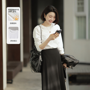 防晒长袖 大洪洪 UPF50 春新款 T恤女正肩显瘦打底小白T 百搭单品