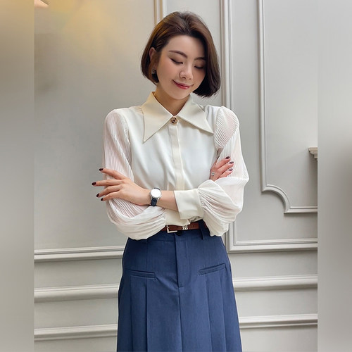 大洪洪【初见伊人】春新款时尚百搭白衬衫女气质法式衬衣显瘦上衣