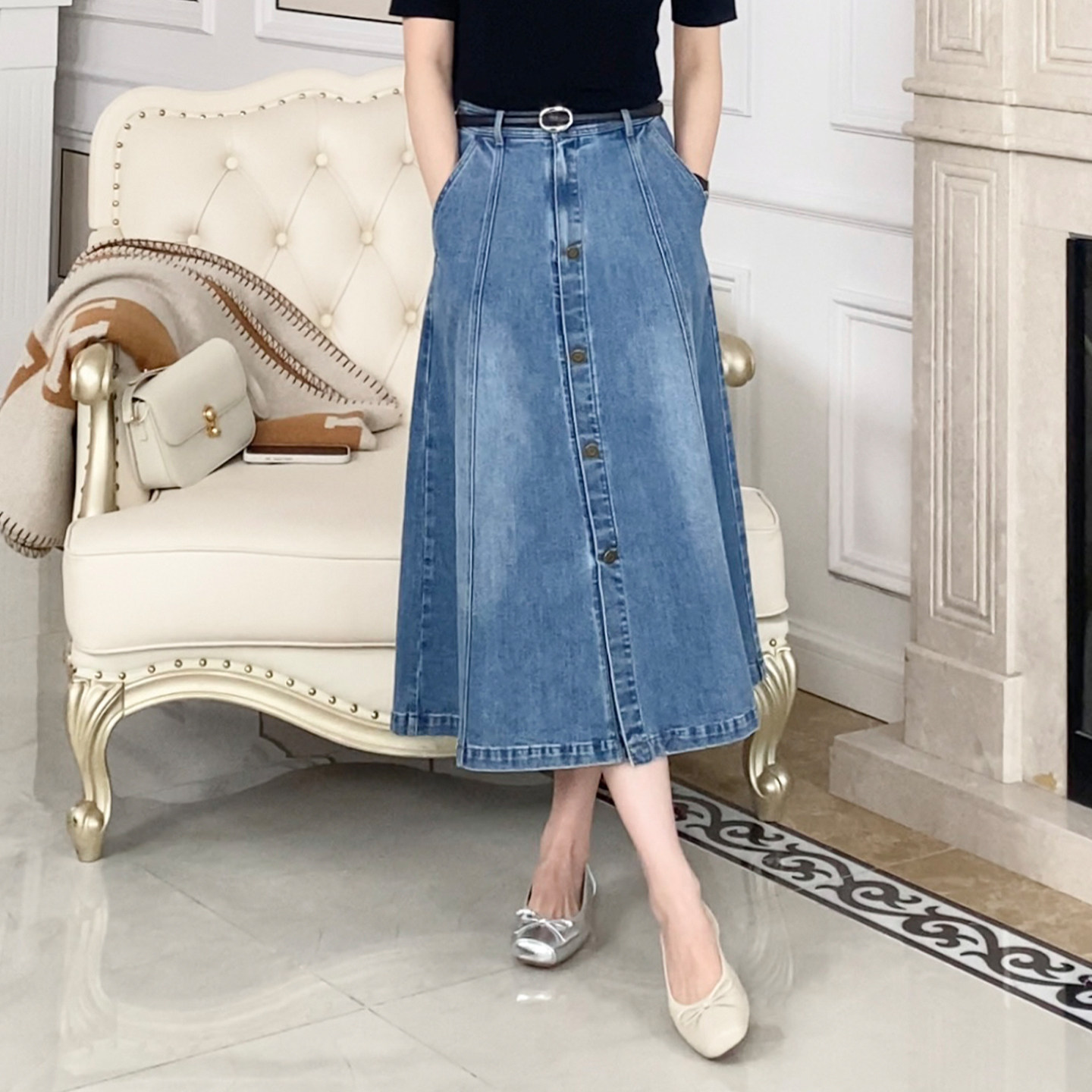 大洪洪【蓝色丹麦】夏新款复古小开叉牛仔裙女百搭显瘦高腰半身裙