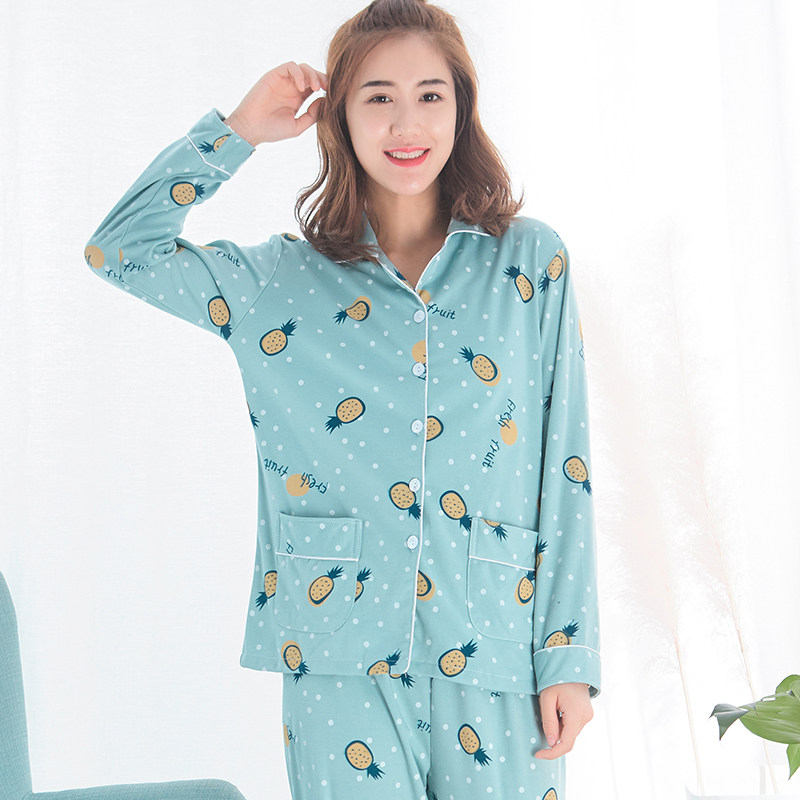 睡衣女士春秋纯棉长袖秋冬季针织棉大码薄款韩版家居服开衫套装