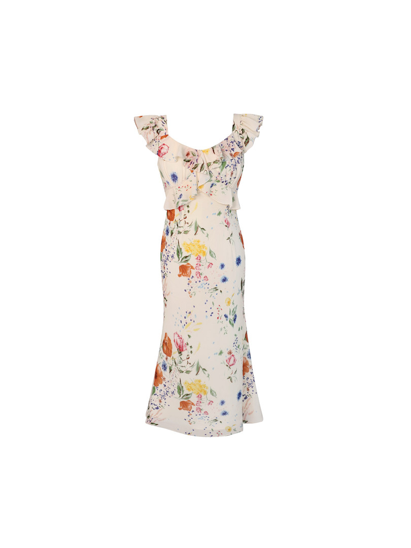Floral off-shoulder midi dress on white background