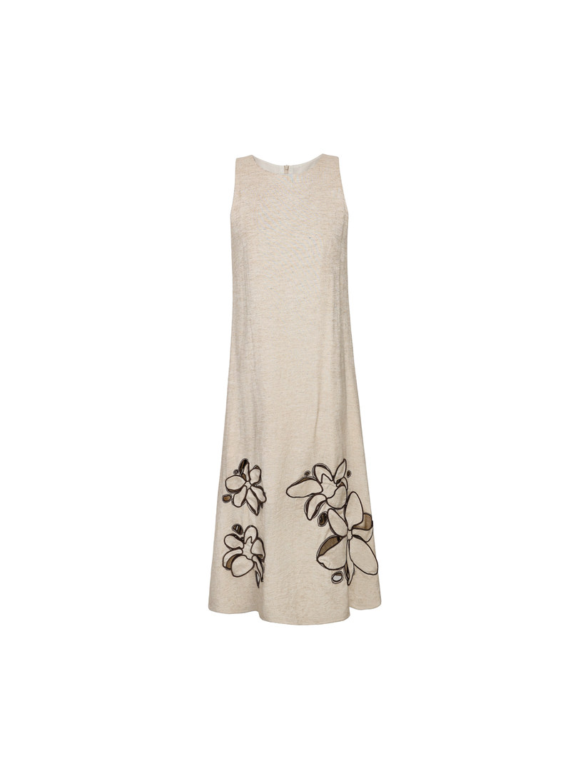 Beige sleeveless midi dress with floral detailing on a white background