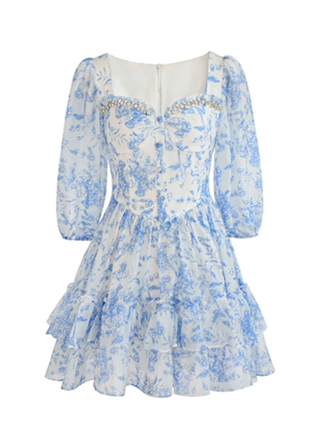 Весеннее летнее короткое платье, квадратный вырез, цветочный принт, А-силуэт