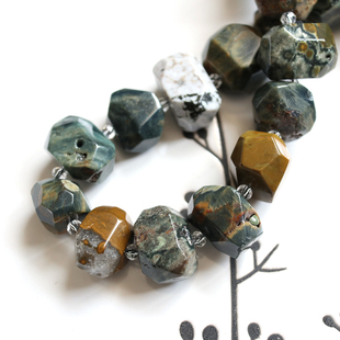 斑斓！天然海洋碧玉海洋石横孔不规则大颗切角散珠DIY手工串珠