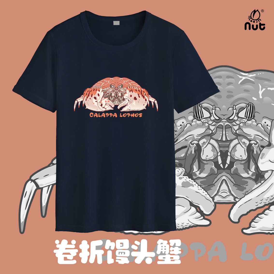 卷折馒头蟹t恤创意节肢动物t恤海洋蟹图案休闲短袖亲子博物盒子