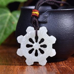 和田玉雪花造型吊坠八方来财船舵造型项链女白色镂空花纹挂件颈饰