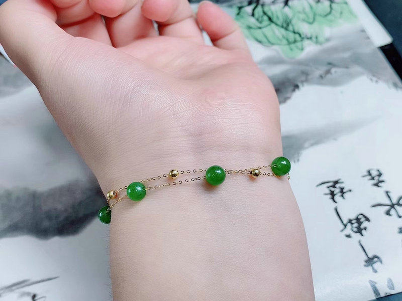 天然和田玉碧玉手链18K金镶玉手串碧玉脚链满天星手链女招财手链