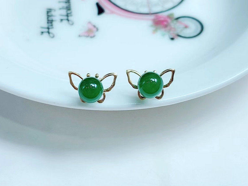 简约天然和田碧玉蝴蝶耳钉饰品文艺女玉石配饰菠菜绿无黑点包邮