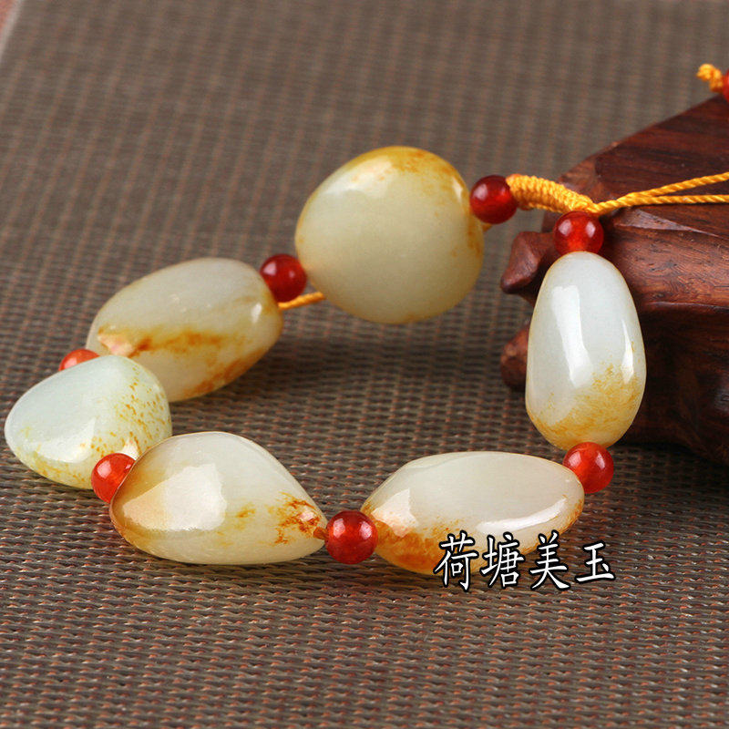 天然新疆和田玉白玉籽料原石手串男女款枣红沁皮手链手饰包邮