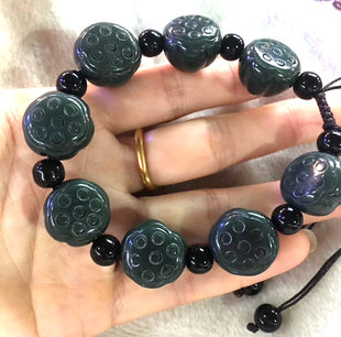 优质新疆和田玉墨玉莲花莲蓬手链天然籽料黑青玉手串男款送证书