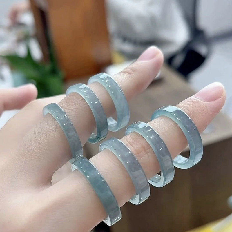 高冰天然翡翠A货蓝水玉戒指女款玉石方戒指环玉指环戒圈饰品个性