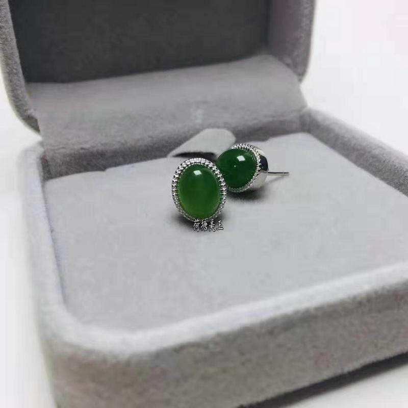 天然和田玉碧玉菠菜绿蛋面耳钉女款玉石耳坠925银耳环防过敏包邮