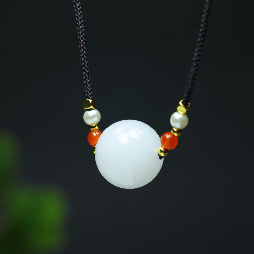 天然玉石金丝玉白玉项链女可调节手编绳颈饰白色圆珠吊坠锁骨链