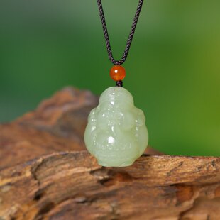 天然和田玉青海料小财神吊坠项链绿色玉石编绳男女款 平安挂件