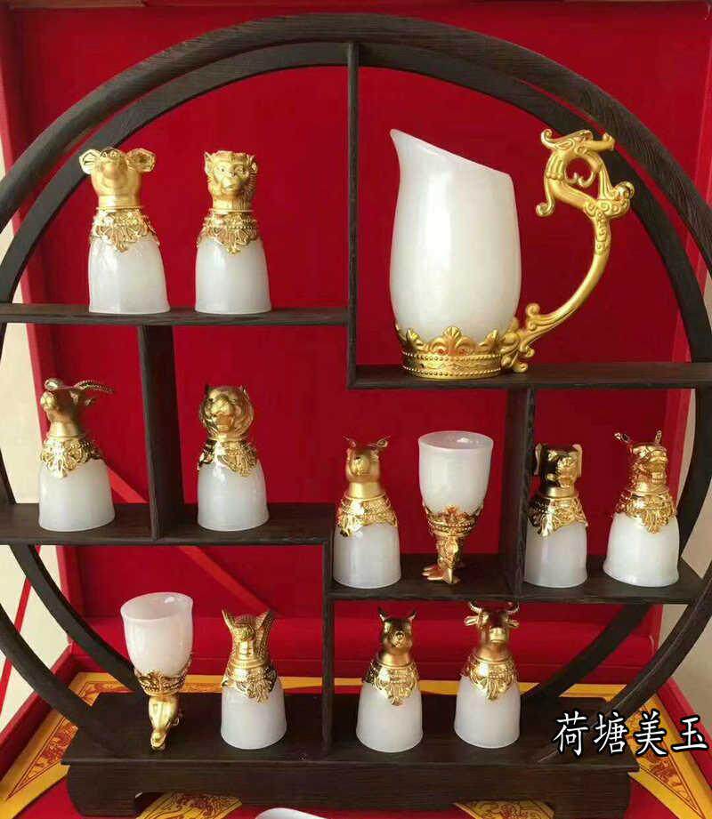 玉石酒杯套装 十二生肖兽首天然白玉 高档复古中式酒具摆件礼物