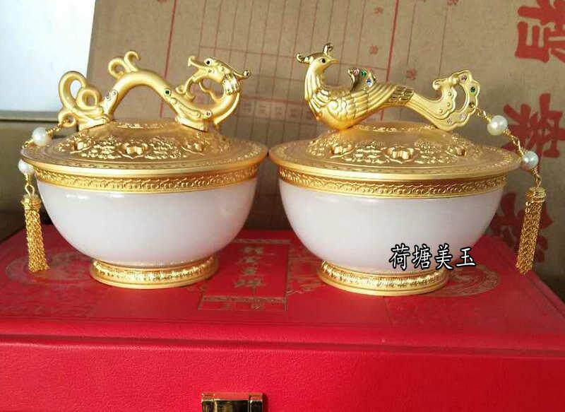 鎏金工艺品白玉龙凤呈祥玉碗金镶玉龙凤碗婚庆装饰商务礼品摆件