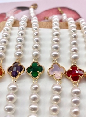 新款天然淡水珍珠时尚ins小众网红四叶草日韩闺蜜幸运手链手镯学