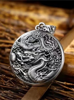 中国风气质龙牌吊坠银男士生肖龙圆形挂件潮个性男生项链送礼