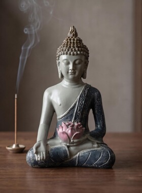 树脂佛像摆件禅意坐姿莲花装饰客厅书房茶室东南亚风格工艺品