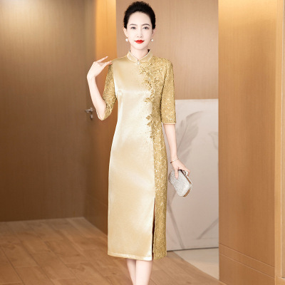 春秋季时尚新中式香槟色旗袍礼服连衣裙中老年嫁女儿喜妈妈婚宴装