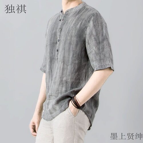 做旧皱褶亚麻五分中袖衬衫男士夏季宽松立领套头透气棉麻休闲衬衣