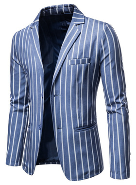 秋季新款外贸大码西服外套欧美时尚条纹两粒扣单西蓝色上衣 XF134