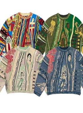 【官网折扣】KAPITAL JAPA撞色民族风针织圆领套头毛衣提花大码