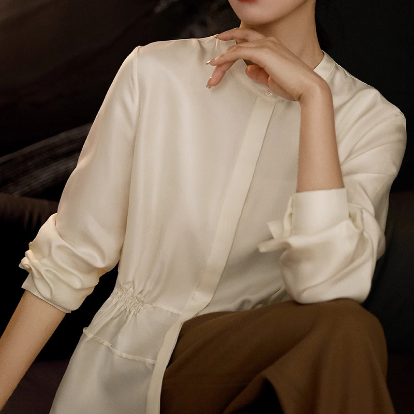 桑蚕丝衬衫 老钱风收腰式外套小立领上衣白色衬衣新款真丝女装夏