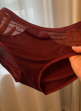 2025新款法式复古酒红色性感侧边网纱拼接冰丝中腰透气三角内裤女