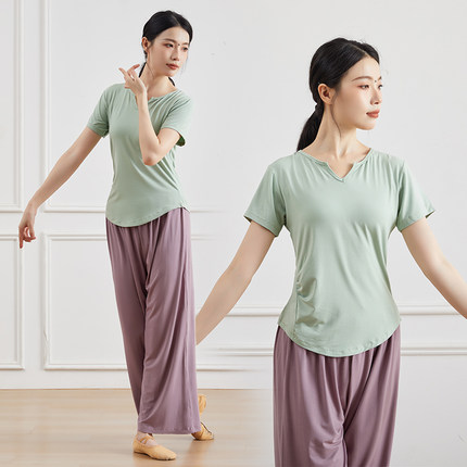 新款短袖广场舞莫代尔上衣春夏舞蹈练功服女直筒阔腿裤现代舞服