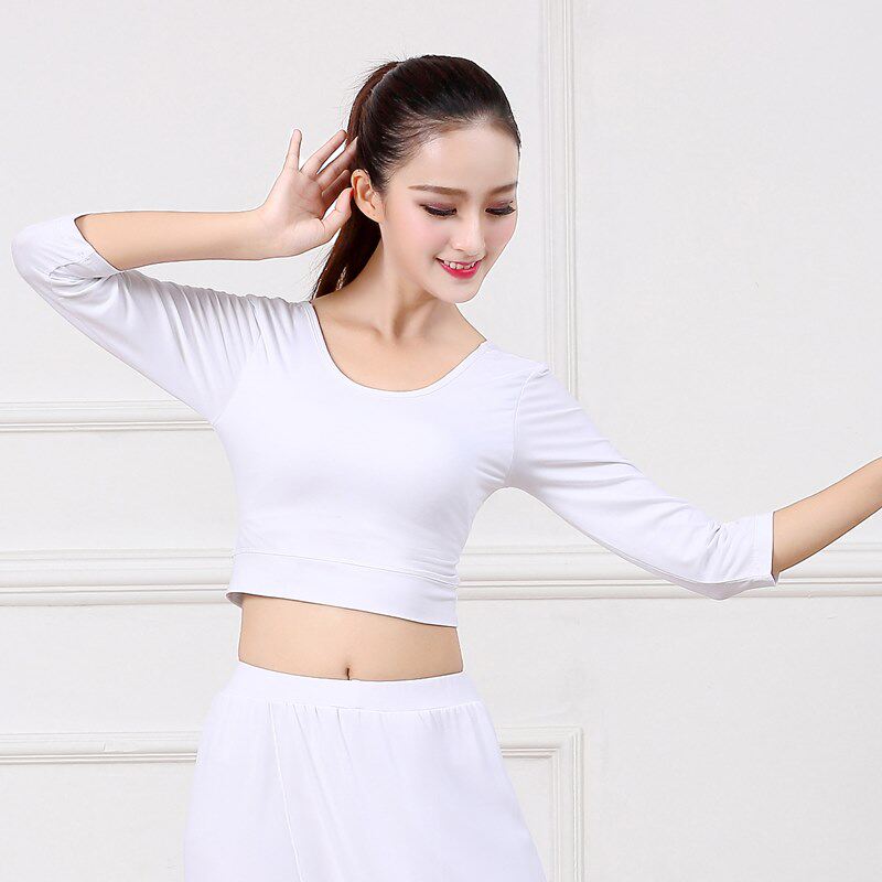 瑜伽服莫代尔运动上衣女白色舞蹈练功服单件衣练功服上装插胸垫