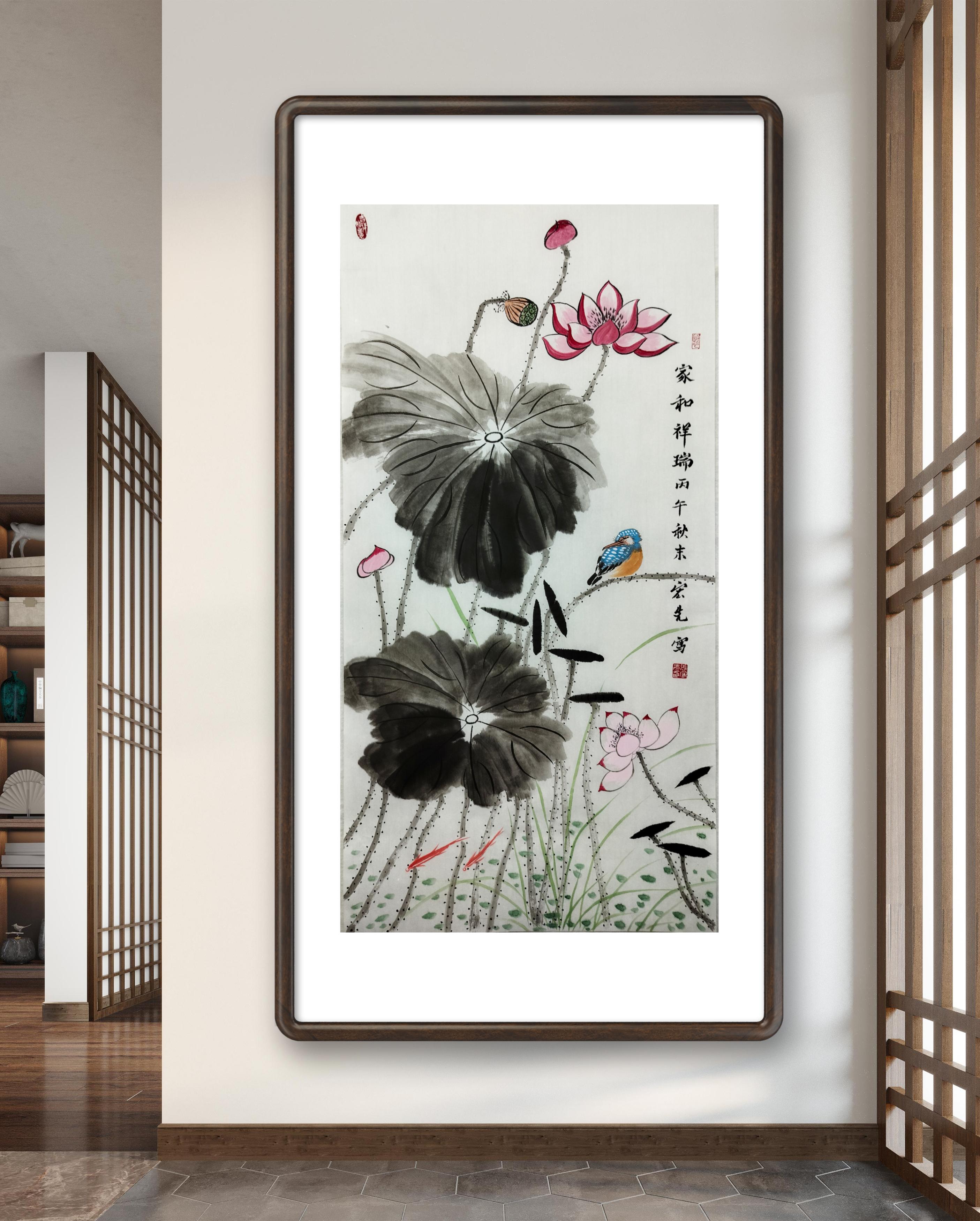 纯手绘国画荷花翠鸟国画花鸟水墨画玄关装饰画客厅沙发原创真迹